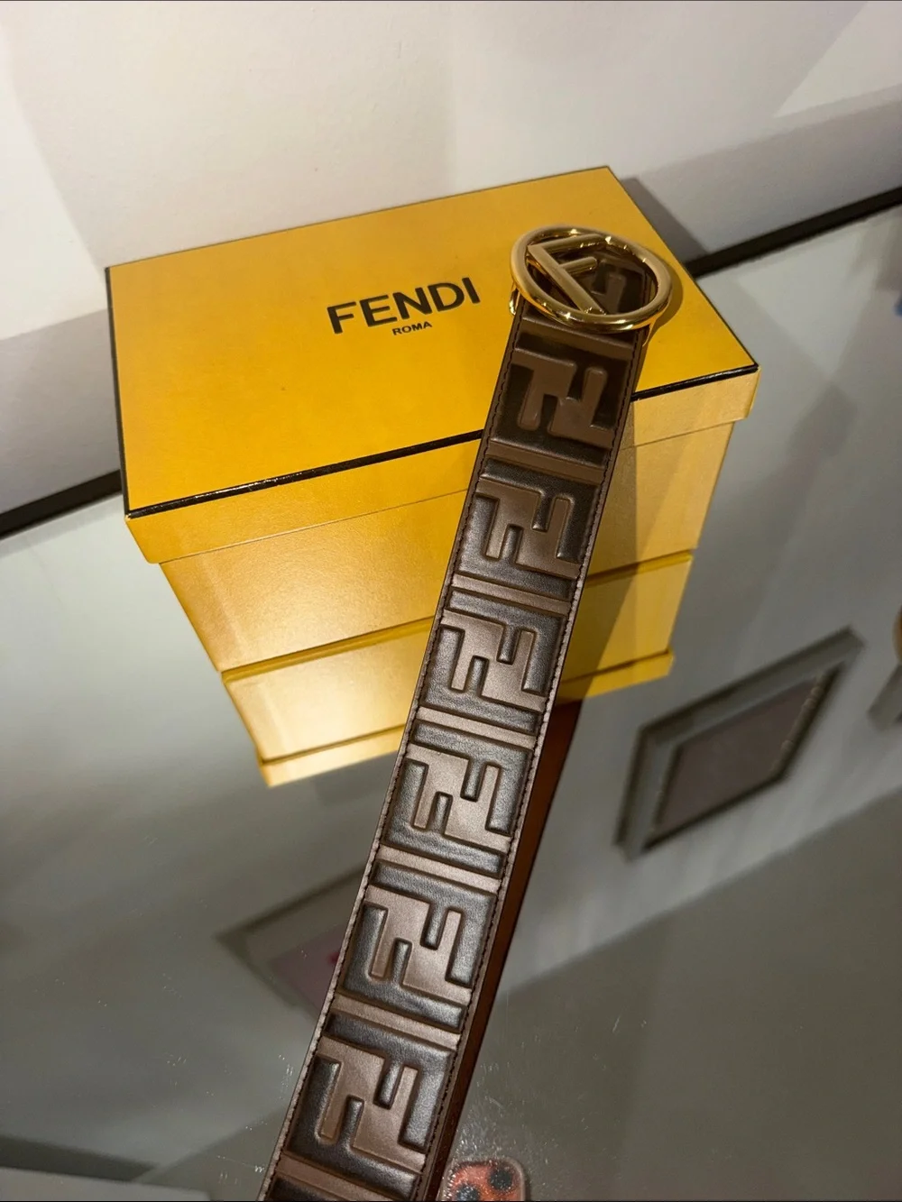 Fendi Brown Zucca Logo Belt with Gold F Buckle